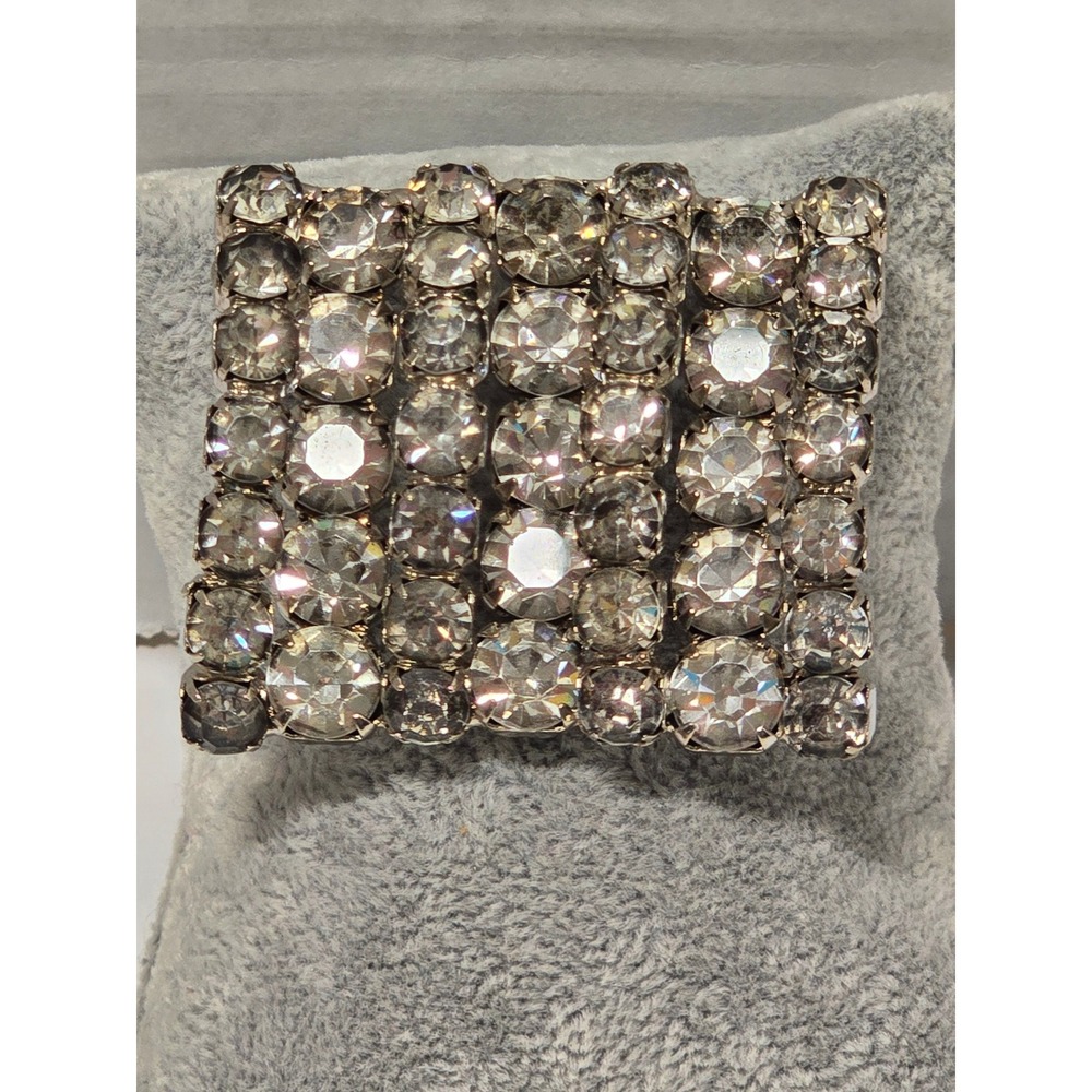 Vintage Art Deco Square Rhinestone Statement Brooch Silver Tone Tiered Layered